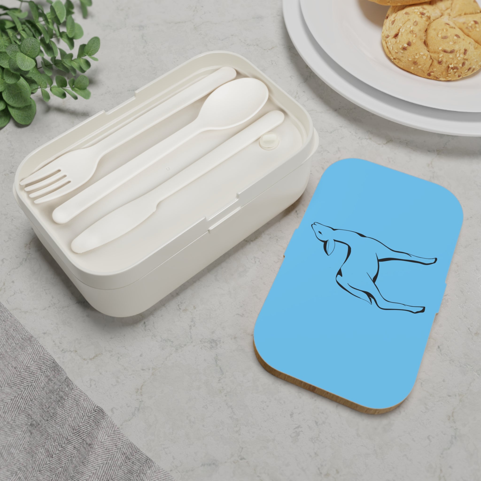 Boîte à repas bleu avec dessin de biche