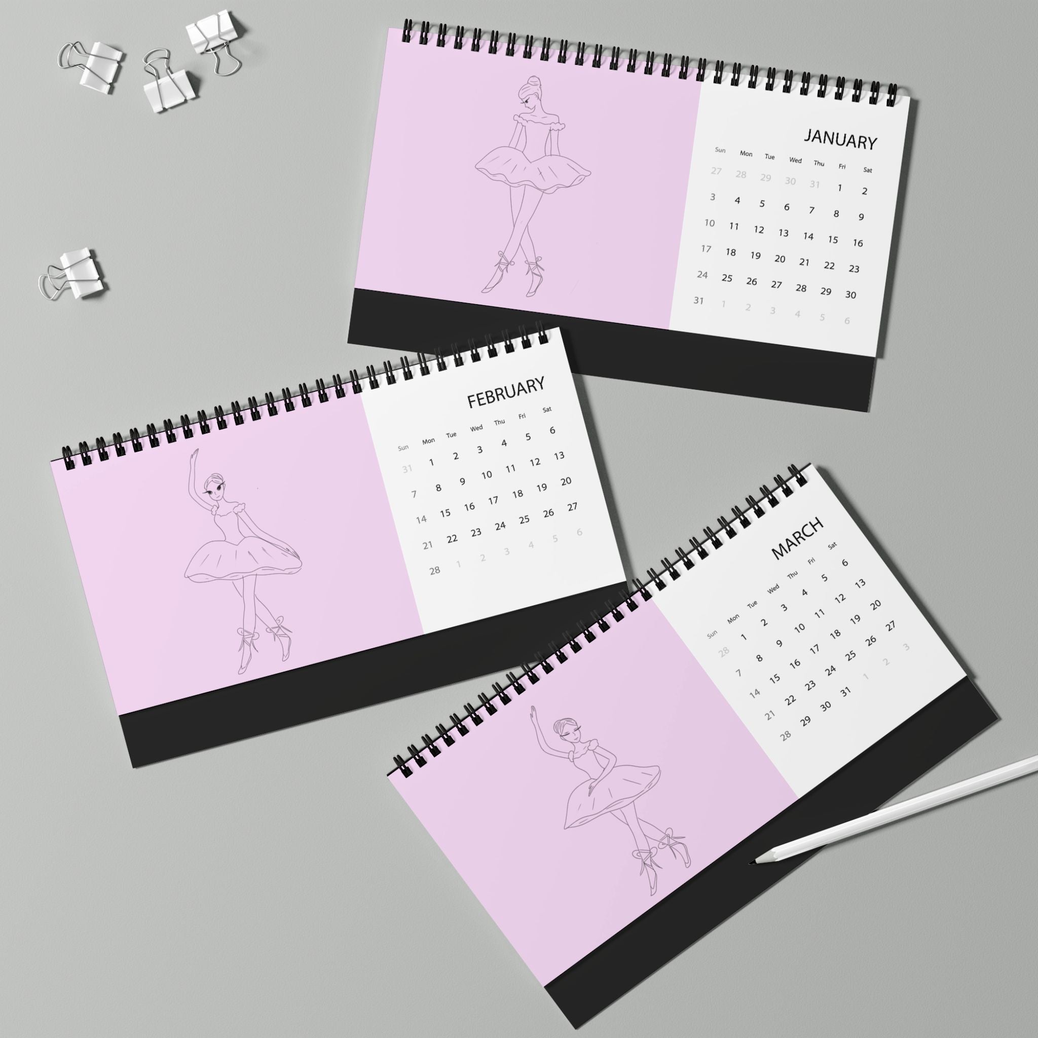 Calendrier de bureau « Ballet » 2027 — Calendrier de bureau à grille rose