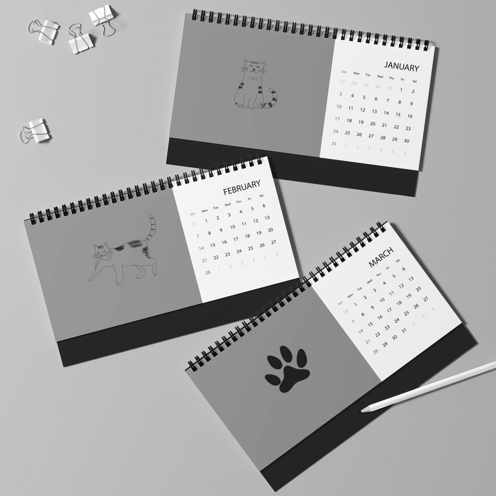 Calendrier de bureau « Chats » 2027 — Calendrier de bureau minimaliste à grille avec de jolies illustrations de chats