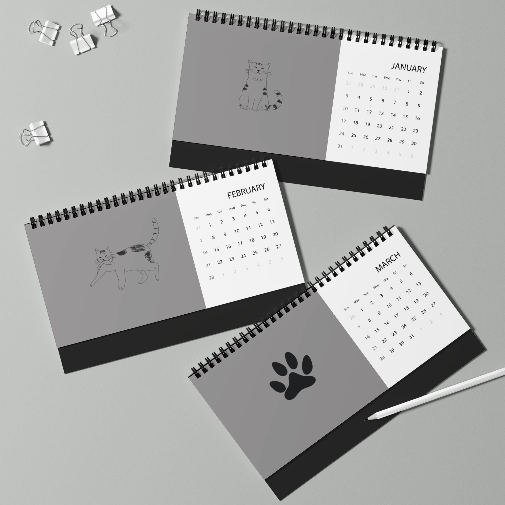 Calendrier de bureau « Chats » 2027 — Calendrier de bureau minimaliste à grille avec de jolies illustrations de chats