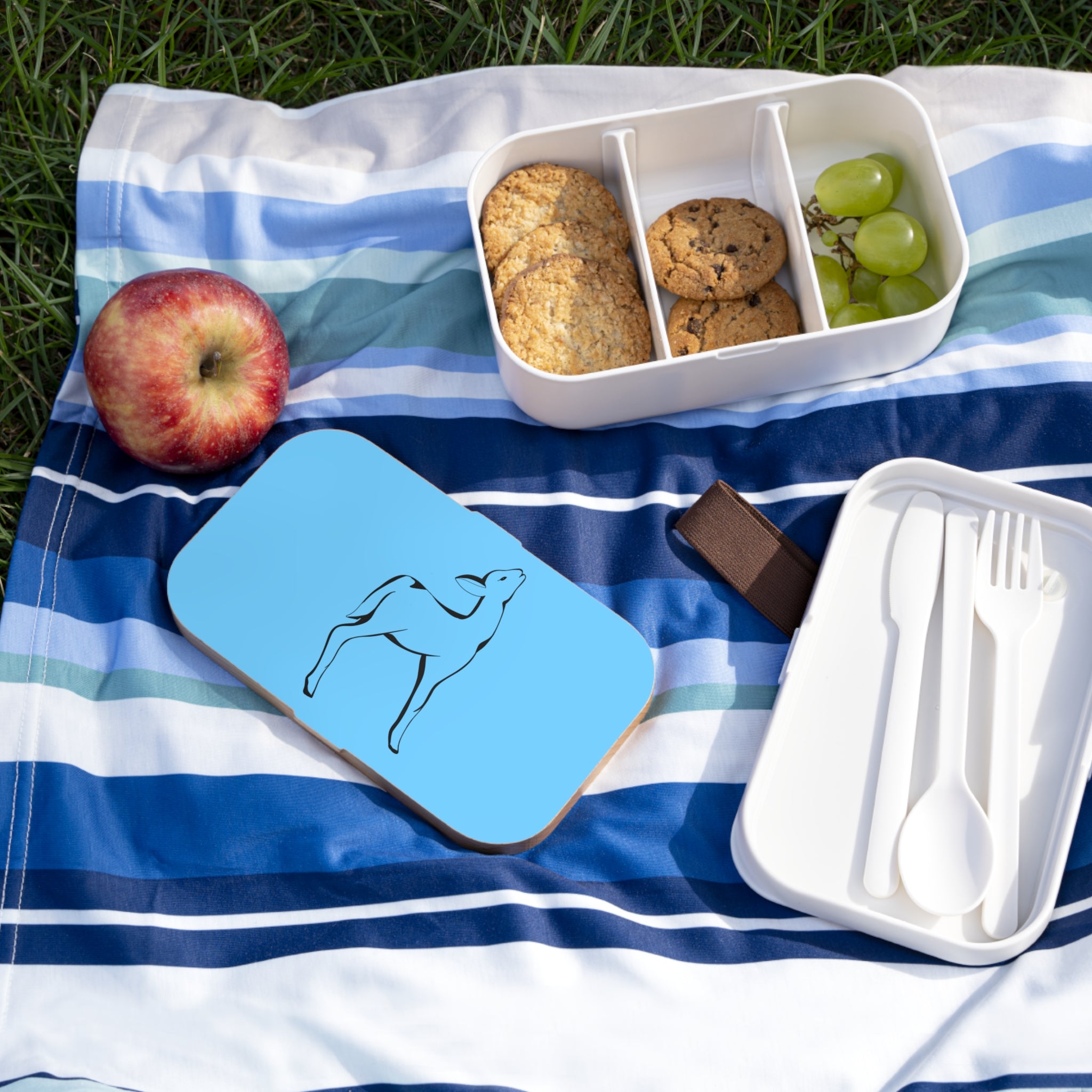 Boîte à repas bleu avec dessin de biche