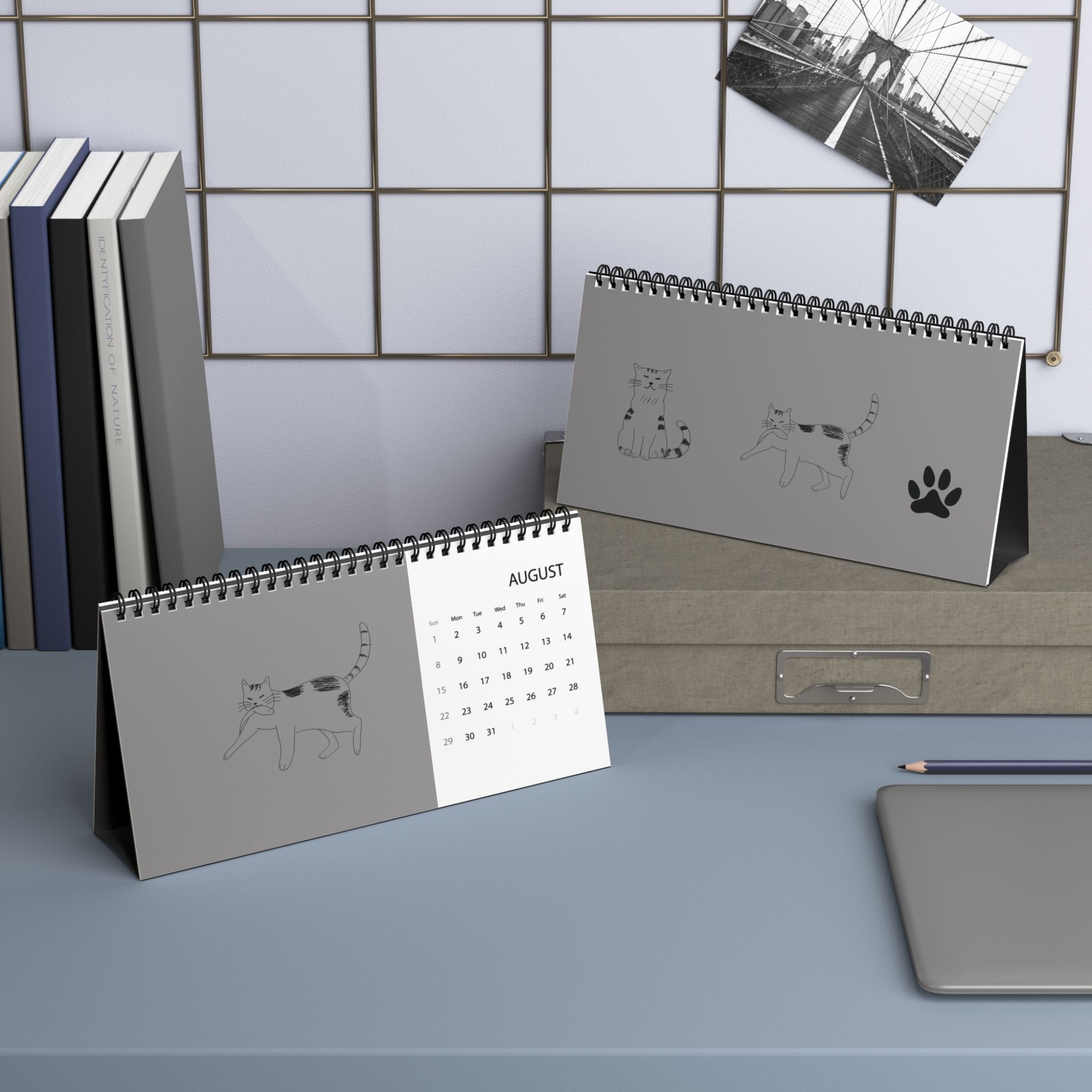 Calendrier de bureau « Chats » 2027 — Calendrier de bureau minimaliste à grille avec de jolies illustrations de chats