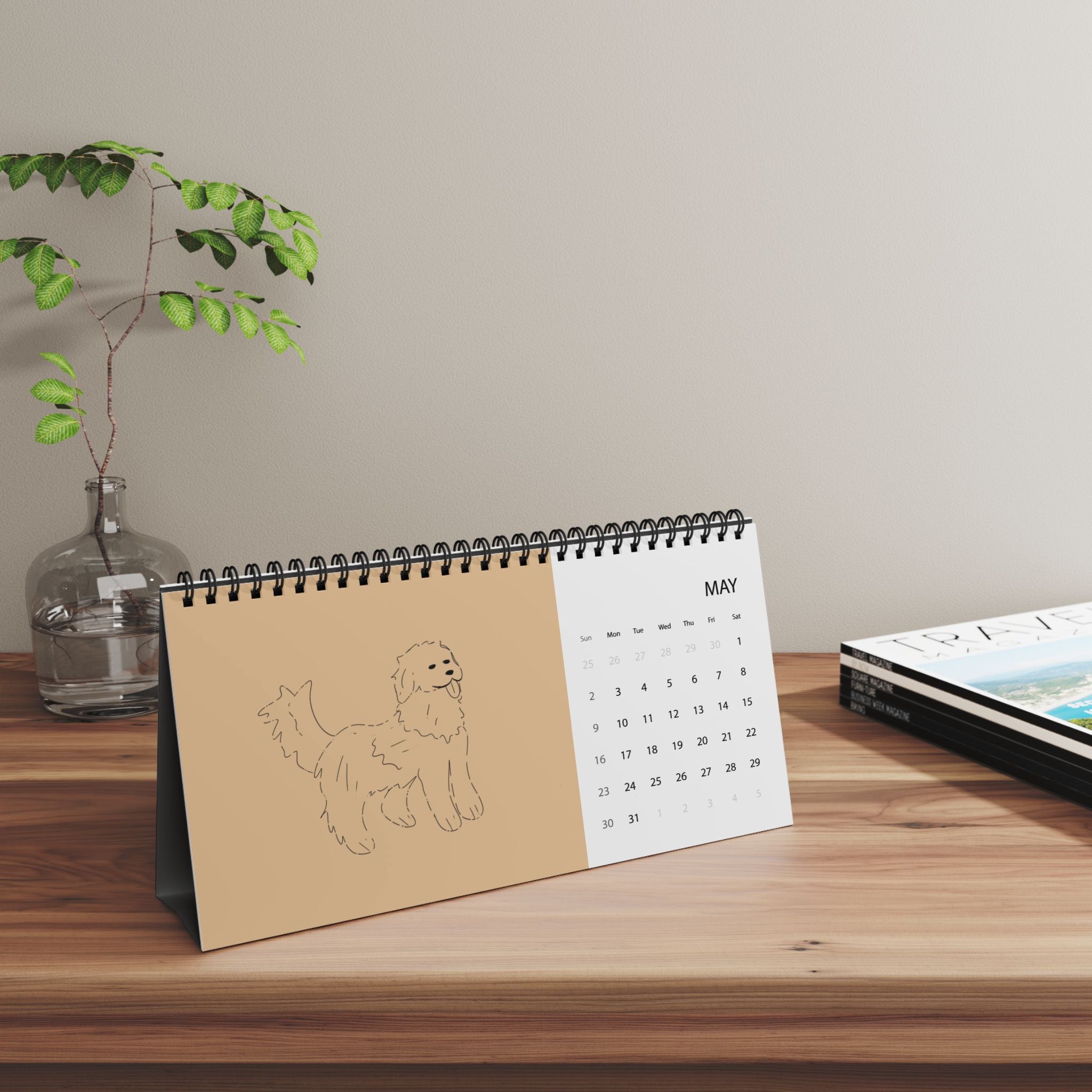 Calendrier de bureau  2027  beige de dessin de chiens  — Calendrier à cases