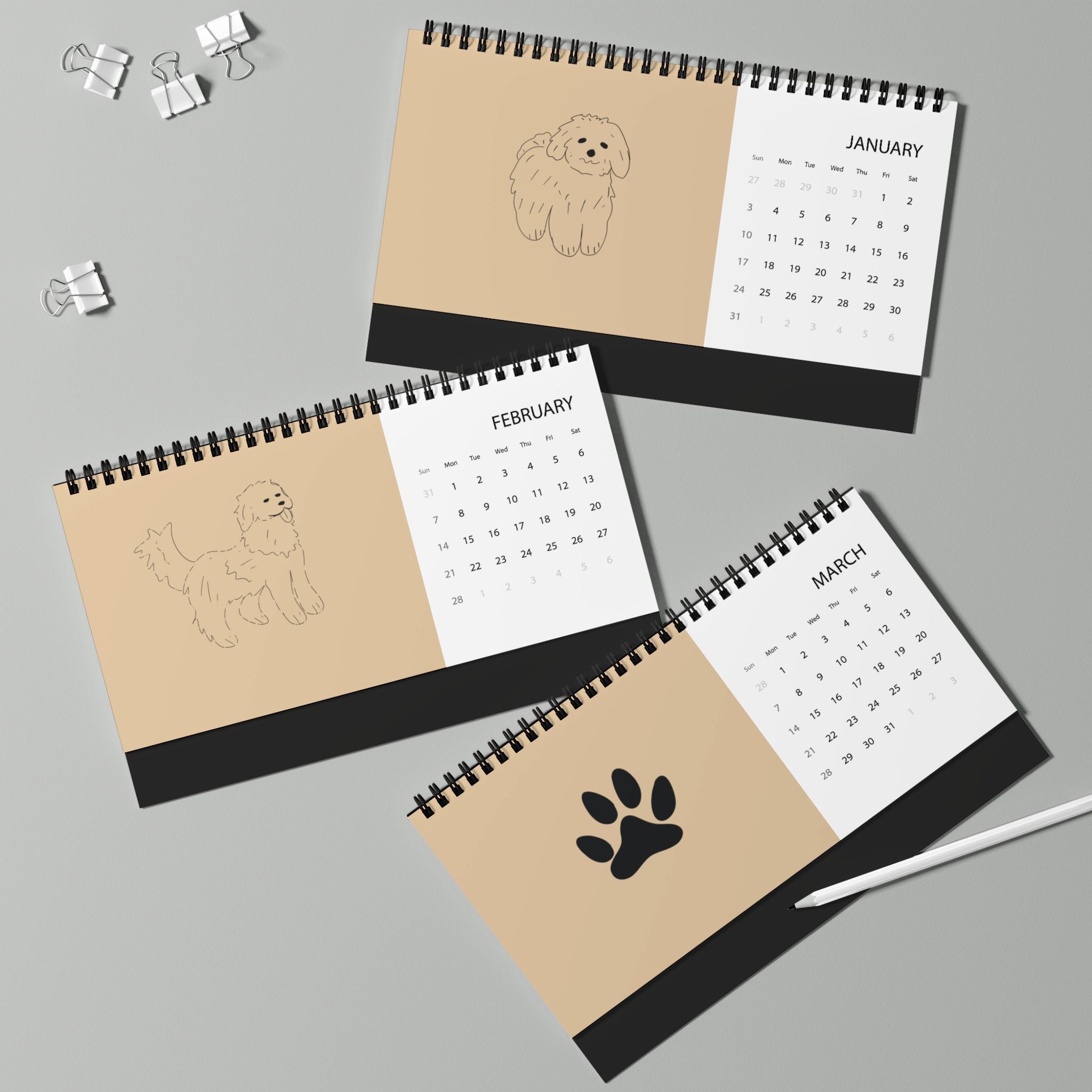 Calendrier de bureau  2027  beige de dessin de chiens  — Calendrier à cases