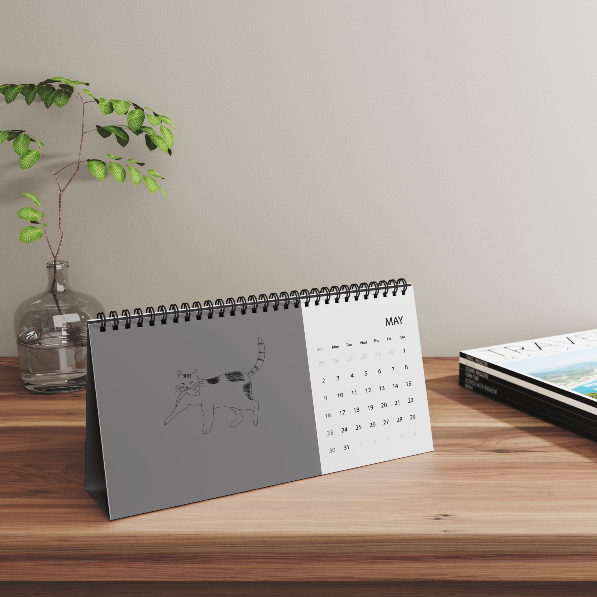 Calendrier de bureau « Chats » 2027 — Calendrier de bureau minimaliste à grille avec de jolies illustrations de chats